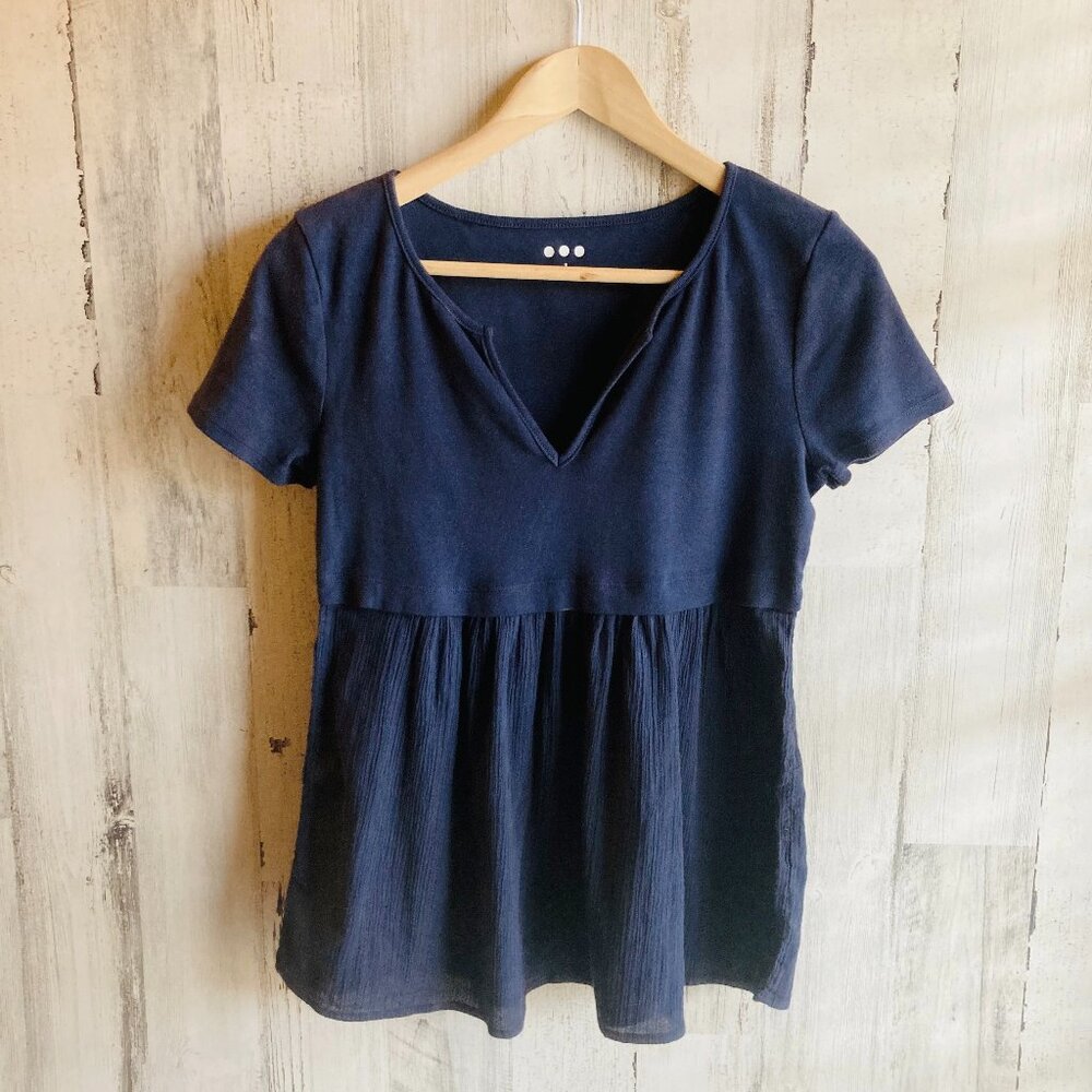 NWOT Three Dots Mixed Media Tee S Navy Blue Short Sleeve Knit & Gauze